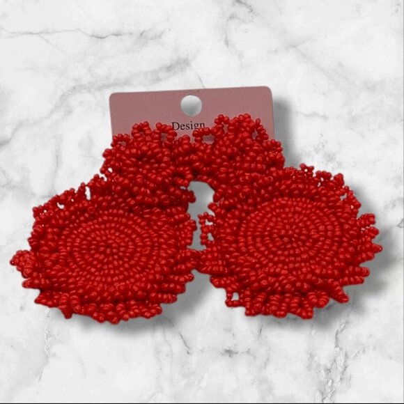 Statement Drop Red Beaded Circular Statement Earrings With Stud Backing - Picture 1 of 8